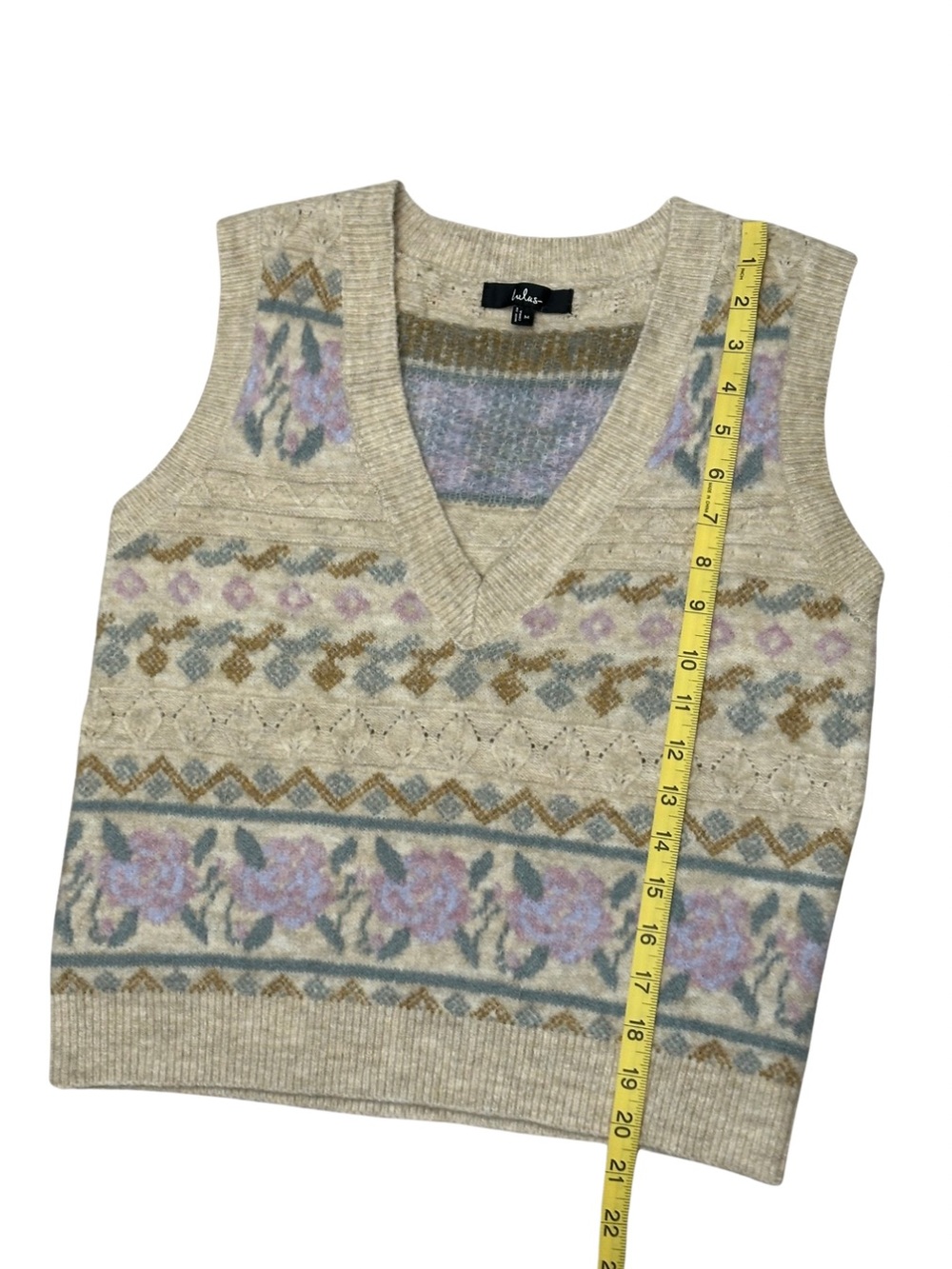 Lulus Floral Fair Isle Sweater Vest Women M Cream Cottagecore Boho Soft Knit - Picture 9 of 10